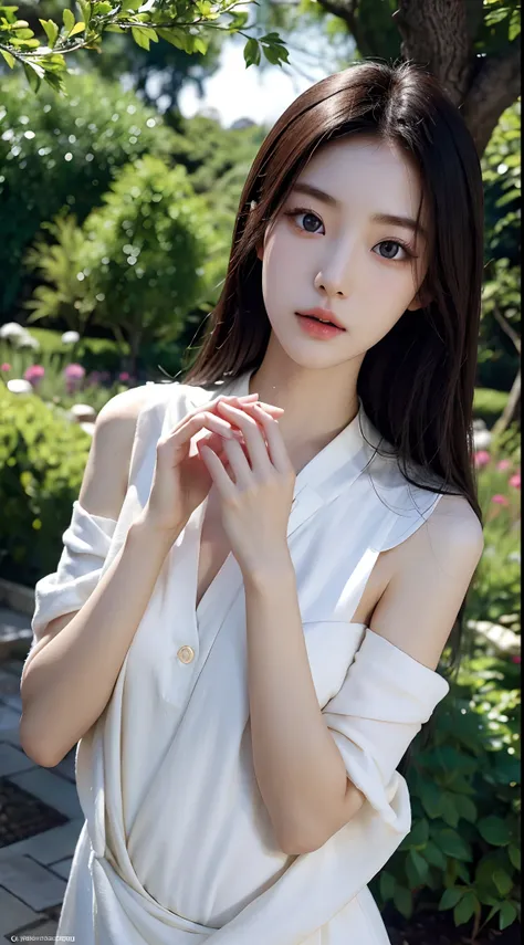 Japanese and Korean beauties，pure and cute，16K HD realistic，Photographic quality，mesmerizing eyes，long eyelasher，Slender and thin，detailed realistic hands，In the background garden