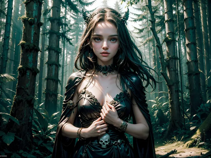 a teen Natalie Portman dressed emerges as a captivating figure amidst the dense forest. her physical appearance tells a story of tragic transformation and decay, evoking both fascination and a sense of unease. the teenage necromancer girls once-youthful co...