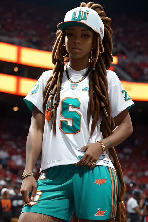 Female drill rapper with dreads and a Miami dolphin’s jersey