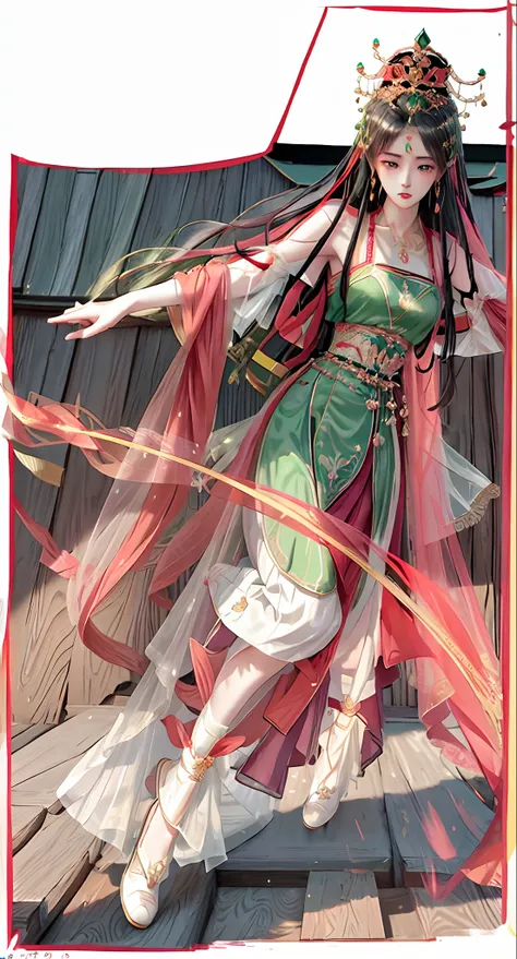 a woman dressed in green and red walking on the roof, goddess , inspired by Lan Ying, full body xianxia, ​​((beautiful fantasy empress)), keqing from genshin impact, inspired by Li Tang, inspired by Du Qiong, heise jinyao, inspired by Ma Yuanyu, nezuko, Ja...