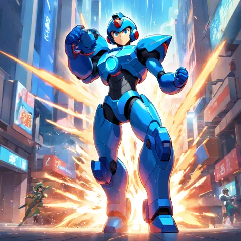 Megaman, masculine,(best quality,4k,8k,highres,masterpiece:1.2),ultra-detailed,energetic,heroic,strong pose,cybernetic suit,[blue armor],futuristic cityscape,high-tech weaponry,bright colors,sci-fi,action-packed,[powerful buster cannon],[distinctive helmet...