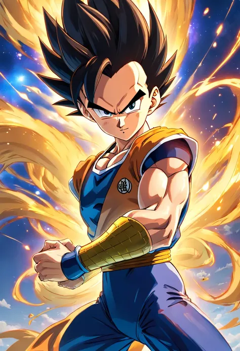 Vegeta vestindo um terno preto, macho, Dragon ball z, party hall, illustration, ultra-detalhado, Realistic:1.37, cores vibrantes, dynamic lighting, Retratos, estilo anime, glossy, sombras escuras, postura confiante, olhar intenso, aura de energia colorida,...