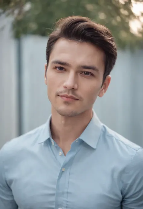 Portrait of handsome man 30 years old round face cinematic appearance、Light blue shirt with collar、Looking at the camera、Facing straight ahead