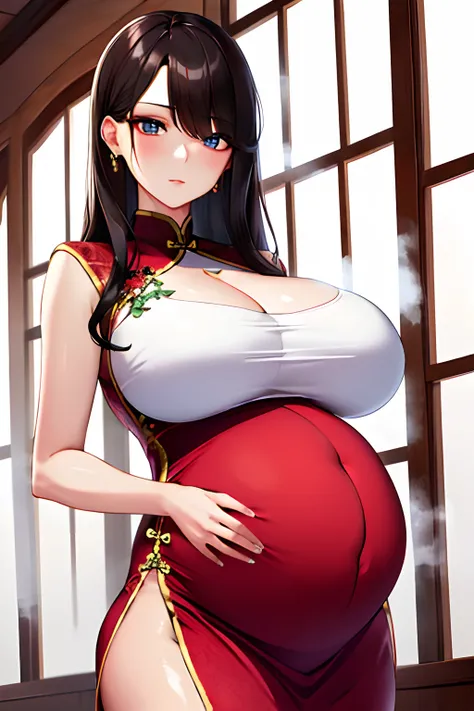 breast curtains, china dress, areola slip,(best quality:1.0), (8k wallpaper:1.0), pregnant, extremely delicate and beautiful, (beautiful detailed face:1.0), (detailed deep eyes), symmetrical breasts, deep eyes, steam, shiny skin,