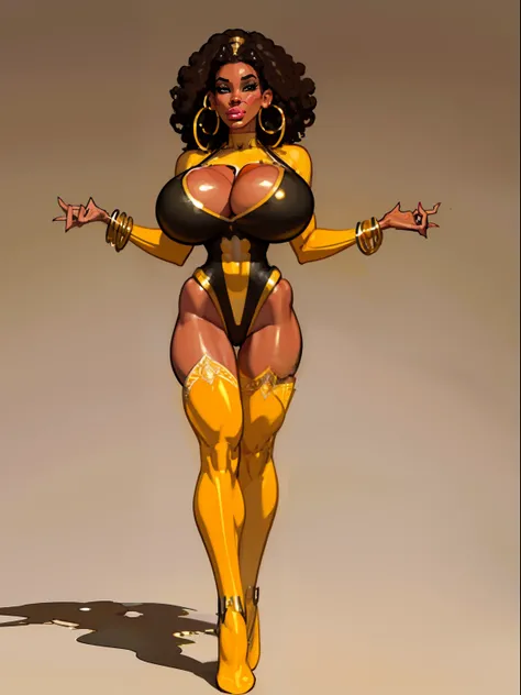 ((masterpiece)),(((best quality))),((character sheet)), ((full body view)) ((african queen)) ((afro)) ((seductive pose)) mature face, defined cheekbones, high cheekbones, illustration, girl, muscular, ((afro:1.4)), sexy bimbo, (gigantic breasts:1.7) brown ...