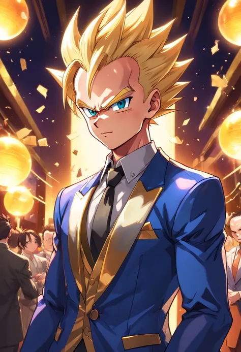 (best quality,highres),(realistic:1.37),vegeta wearing a suit,vegeta wearing sunglasses,vegeta in dragon ball universe,vegeta in formal attire,vegeta in a party hall,vegeta attending a party,wearing a black suit,carrying a serious expression,confident body...