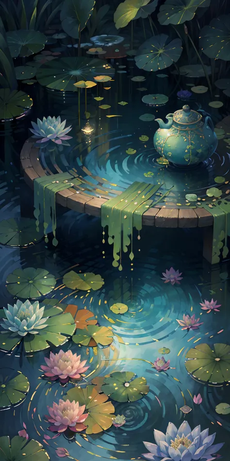 Original，Masterpiece, （illustratio：1.1），（best qualtiy），（tmasterpiece：1.1），（the Extremely Detailed CG Unity 8K Wallpapers），（a color：1.2），water lilies，Water lily petals，scenecy，rios|Wagas，