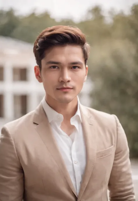 Portrait of handsome man 30 years old round face cinematic appearance、White shirt and jacket、Looking straight ahead at the camera、Genial look、Gentle eyes、Brown jacket