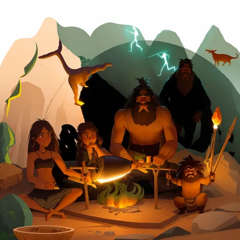 There are people who are cooking food in a cave, pre - historic cave man family, Pessoas neandertais comendo sushi, rave da idade da pedra em uma caverna, Povo neandertal, vestindo roupas de homem das cavernas, Paleolithic cave painting, Paleolithic painti...