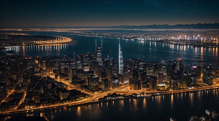 A photo showcasing the night view of a city by the river. The city lights illuminate the surface of the river, creating a captivating scene. The lights from the towering buildings shimmer in the darkness, outlining the silhouette of the city. The river is ...