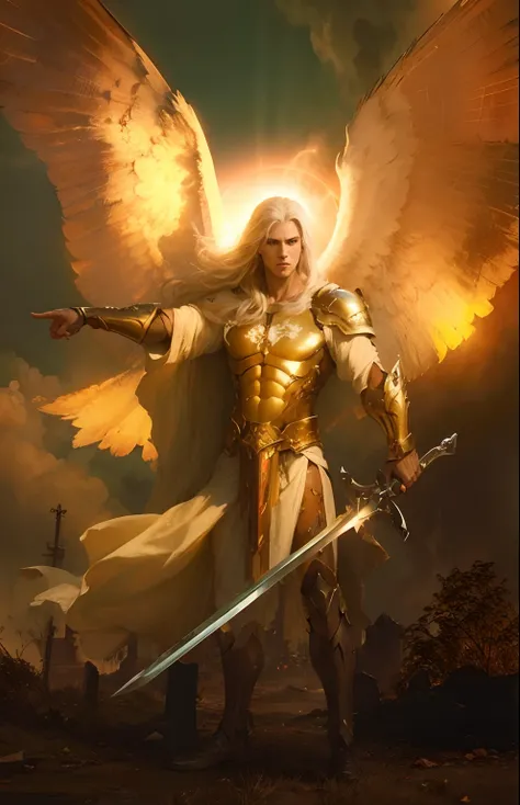 Fearless White Male Angel, pointing right index finger, full body, with avenging great sword, Apocalypse, dooms day, Illustration, cinematic light, high resolution, best quality, ultra detailed, masterpiece,