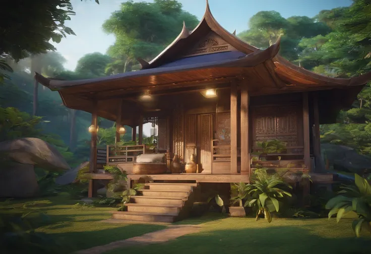 A small traditional Thai house in the middle of the forest, High Basement, There is 1 cow..