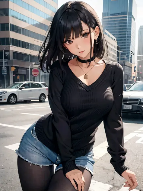 a girl with low-cut sweater, medium breasts, shorts, pantyhose, flirty look, very well detailed, cityscape or academy, black hair,