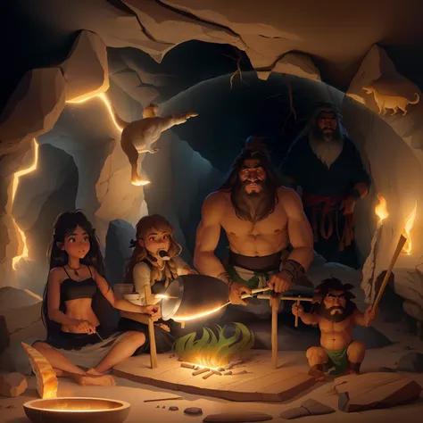 There are people who are cooking food in a cave, pre - historic cave man family, Pessoas neandertais comendo sushi, da idade da pedra em uma caverna, Povo neandertal, vestindo roupas de homem das cavernas, Paleolithic cave painting, Paleolithic painting, G...