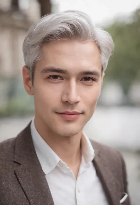 Portrait of handsome man 30 years old round face cinematic appearance、Silver hair、Brown jacket、White button-down shirt、kindly smile、Photography, Male perfection,  Black eyes, Hyper realistic, 8K - V 4、50-year-old dandy gentleman、Gentle eyes、Gray hair、Looki...