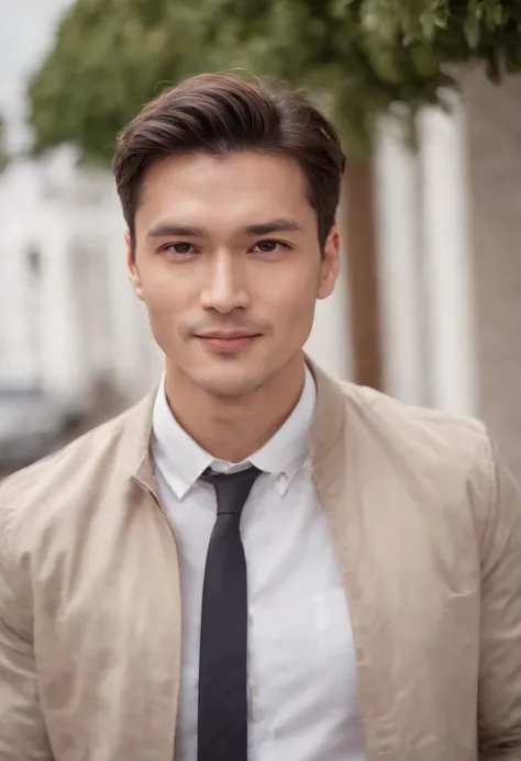 Portrait of handsome man 30 years old round face cinematic appearance、White shirt and jacket、Looking straight ahead at the camera、Gentle expression、Gentle eyes、Brown jacket、Smiling