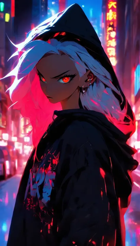 Woman in black hoodie, red eyes, high quality, black light, in the city, on the street, street style, tattoos on the body, white hair