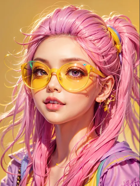 yae miko wearing trendy yellow sunglasses, yellow background, pink hair, purple eyes, rainbow world