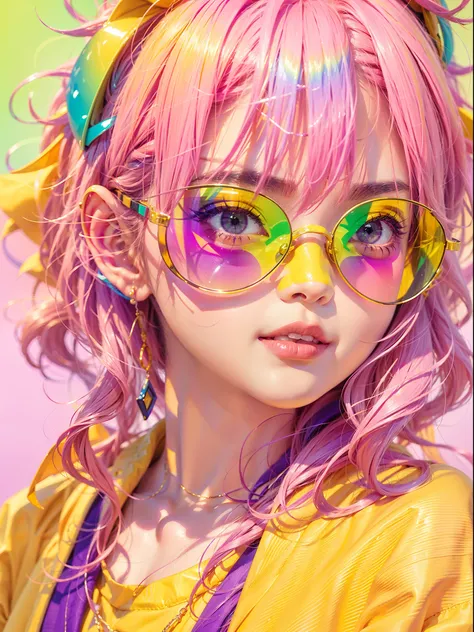 yae miko wearing trendy yellow sunglasses, yellow background, pink hair, purple eyes, rainbow world