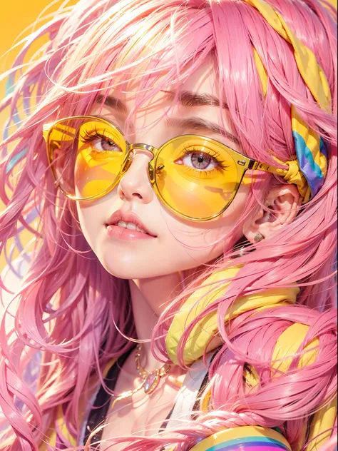 yae miko wearing trendy yellow sunglasses, yellow background, pink hair, purple eyes, rainbow world