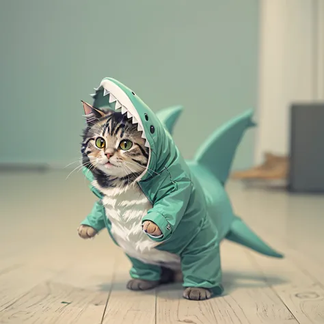 Cute cat, standing, cute, wearing a shark costume