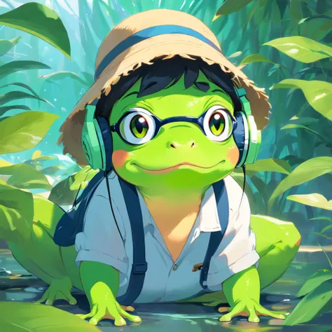 Masterpiece green frog with headphones, fatness、eye glasses、Bucket Hat