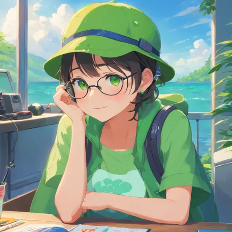 Masterpiece green frog with headphones, fatness、eye glasses、Bucket Hat