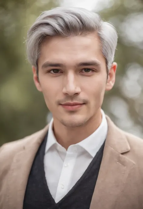 Portrait of handsome man 30 years old round face cinematic appearance、Silver hair、Brown jacket、White button-down shirt、kindly smile、Photography, Male perfection,  Black eyes, Hyper realistic, 8K - V 4、50-year-old dandy gentleman、Gentle eyes、Gray hair、Looki...