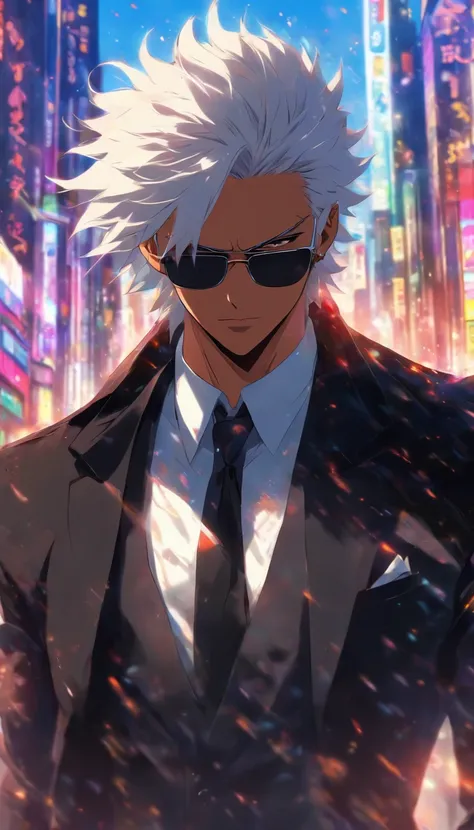 Man wearing sunglasses, black suit, white hair, in the middle of the city