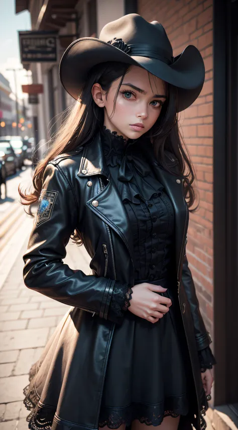 (black riders jacket:1.1), (masterpiece, best quality, pretty girl, beautiful face, 8k, raw photo, photorealistic, absurdres:1.2), teens, cowboy shot, dutch angle, facelight, film grain, chromatic aberration, highres, ultra detailed, finely detail, light b...