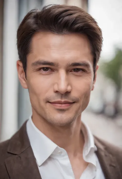 Portrait of handsome man 40 years old round face cinematic appearance、White shirt and jacket、Looking straight ahead at the camera、Gentle expression、Gentle eyes、Brown jacket、Smiling