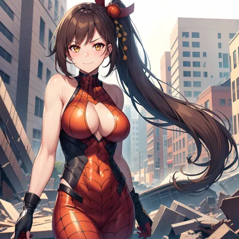 1girl,Zuikaku in Spiderman costume,gigantic breasts,superhero pose,standing in ruined city,(8k),scratches,detailed face,brown hair,yellow eyes,very long hair,embarassed,small smile face, side ponytail,orange eyeshadow,hair ornament, high_res, high_definiti...