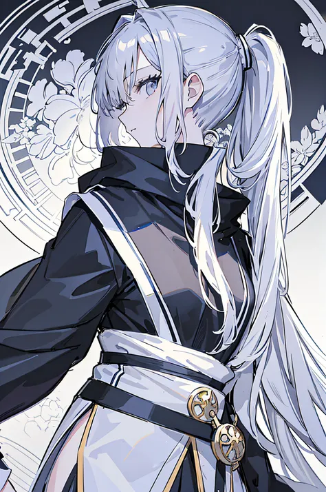 masterpiece, acura, 1girl, solo, mage robes, long ponytail white hair, profile close-up, flower line drawing background, clock background, monochrome, line drawing, looking at viewer, grey eyes, thinking pose ((sketch))