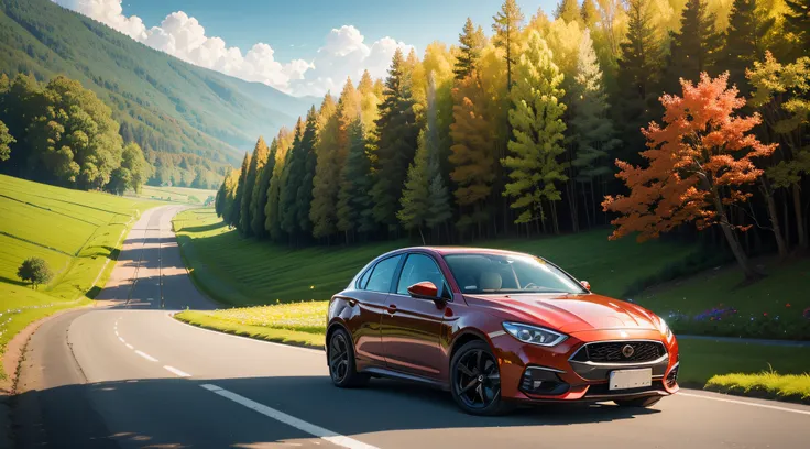 it feels like you can almost feel the gentle breeze and smell the blooming flowers. The cars glossy red paint glimmers under the golden sunlight, reflecting the picturesque surroundings.

The little red car is in pristine condition, with every detail caref...