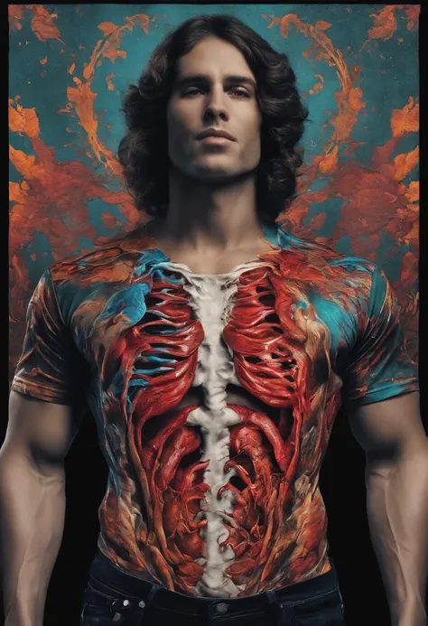 A T-shirt design of a male torso with guts pouring out of it