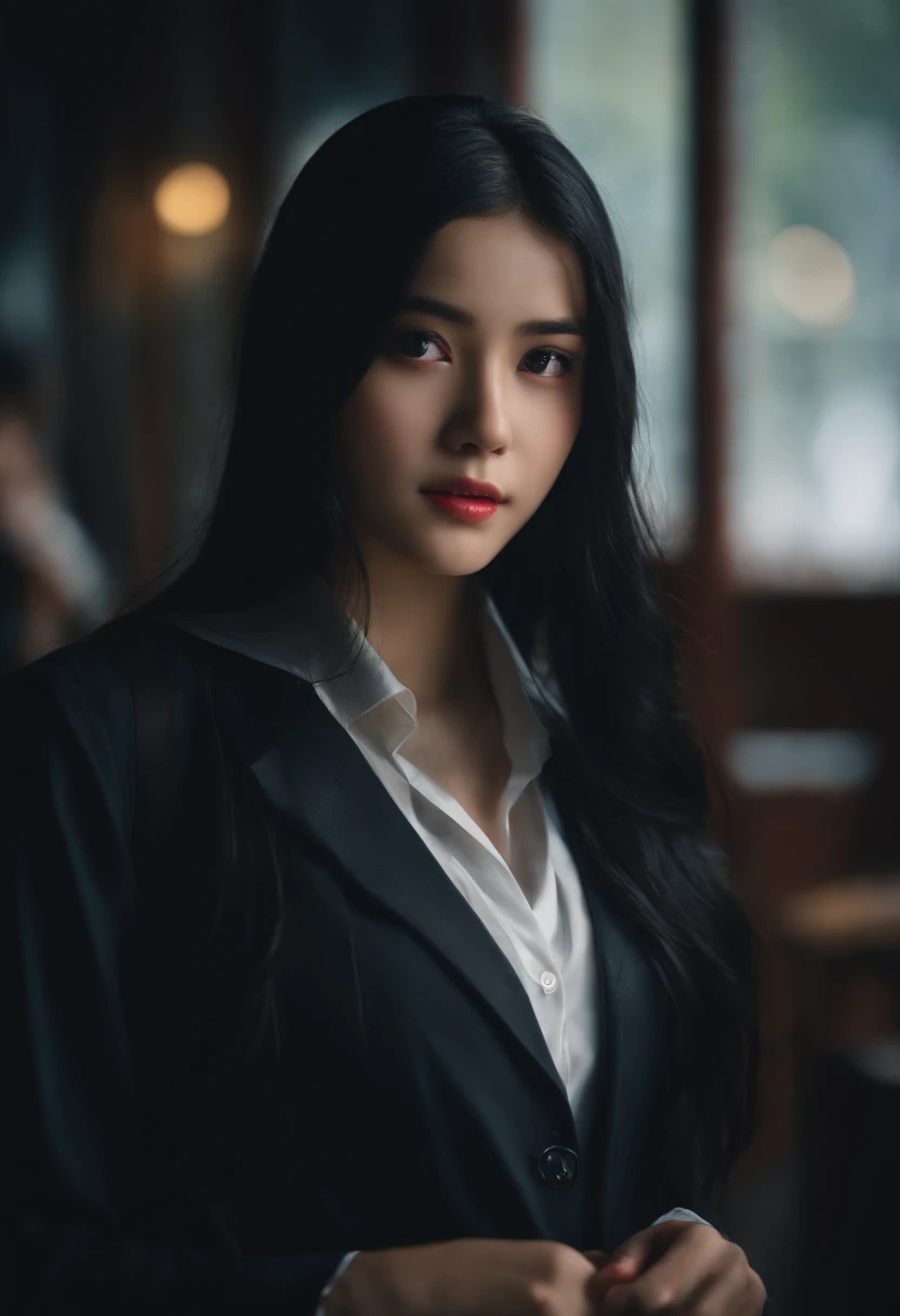 "1girl, long black hair, School Uniform, shy, blushing, wet, rain, see-through bra, (masterpiece:1.2), soft lighting, cinematic composition, cinematic lighting"