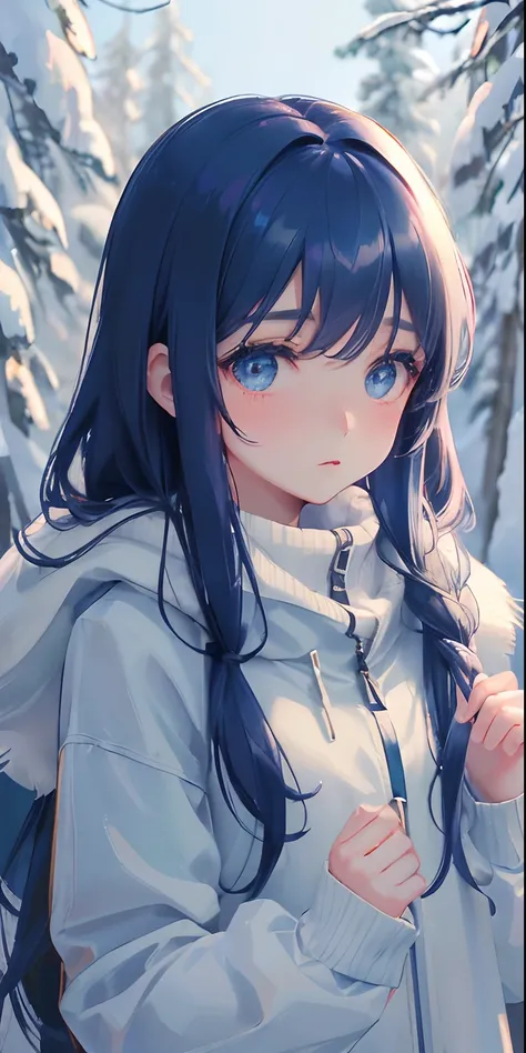 1girl, (teen), (close up), (cute:1.2), closed mouth, swet lips, (rosy cheeks), (shy), (pale skin), (dark blue eyes), (blue hair), (long hair), (long strands), (cold:1.4), (young pine forest), (snow),