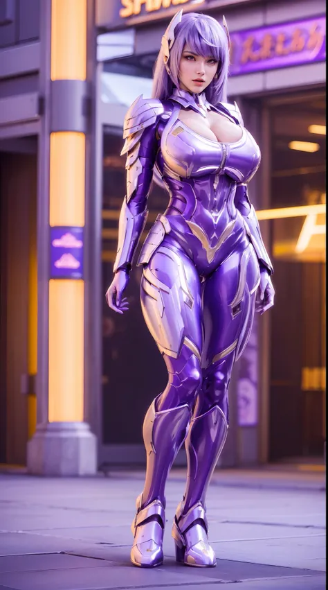 A WOMAN, BEAUTIFULL FACE, HUGE BOOBS, RGB, WHITE, GOLD, PURPLE, MECHA ARMOR FULL SUIT, (SHINY SKIN:1.2), (CLEAVAGE), TRANSPARANT, TALL LEGS, STANDING, SEXY BODY, MUSCLE ABS.