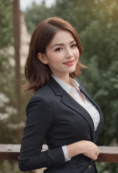 (8k, Best Quality, Masterpiece:1.2), (Realistic, Photorealistic:1.37), Ultra Detail, 1 Girl, Full Body, Outdoor, (Adjusted Hair:1.5) Office Lady, Black Office Blazer, Office Skirt, (pantyhose: 1.2), (short button-down shirt: 1.2), button-up collar prim, bu...