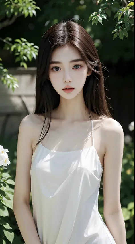 Japanese and Korean beauties，18yr old，Pure and cute，16K HD is realistic，Photographic quality，mesmerizing eyes，二重まぶた，long eyelasher，sensual lip，Slim and slim，White skin，Realistic slender five fingers，In the background garden，Ethereal beauty