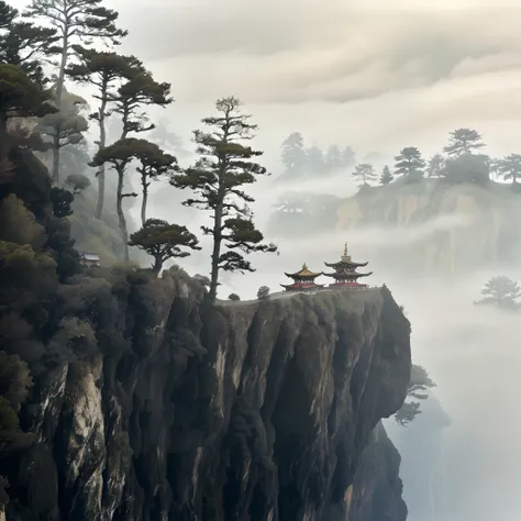 There were people in the fog riding horses on the hillside, cliffside, Dangerous cliffside, wanderer above the sea of fog, By Fei Danxu, foggy photo 8 k, misty mountains, By Shen Quan, mountains in fog background, Mist, detailed trees and cliffs, Emerge fr...