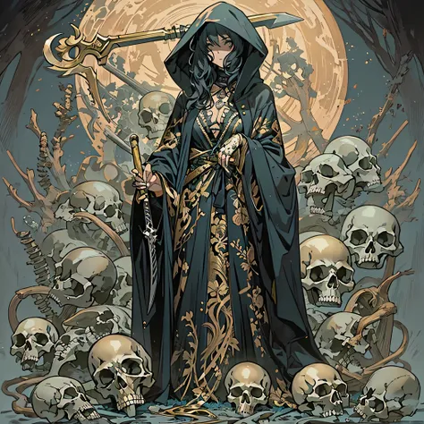 ((Solo, Adult woman)), holding a scythe, Black flowing robe, Hooded robe, Animal skulls and bones, Gold and silver, Pastel color scheme