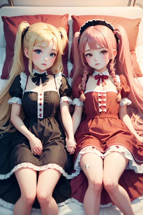 (NSFW:0.75),(2girls),( absurdly , High quality , ultra-detailliert ),(Summer at noon),(masutepiece),(bedroom),(2 long-haired blonde twintails),(Red Maid Dresses)、（Blue Made Dresses）,with a red ribbon on the head,,(Cute 3D anime petite girl rendering),Super...