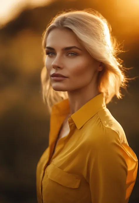 blond girl in a yellow shirt is posing in front of the sun, in the style of jessica drossin, shiny/glossy, konstantinos parthenis, distinctive noses, naomi tydeman, 32k uhd, soft, atmospheric lighting