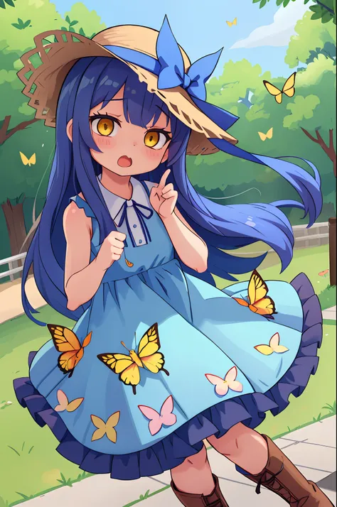 女の子1人、blue ribbons、florals、Windy, Thats why Im wearing a hat、Yawning face、Longer dress、length hair、bow ribbon、Sleeveless、a straw fedora hat、Eye Up、yellow  eyes、Urban Park、butterflys々is flying、kawaii pose、Im wearing cute boots、Stronger bokeh effect