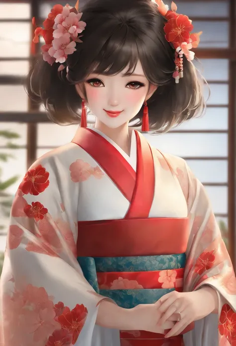 One girl,  (((japanese kimono))),Highest Quality, in 8K, masutepiece:1.3, Low exposure, Full body shot, Short hair,  Baby face, Large chest, Black hair, Ultra-detailed face, Detailed eyes, Big Bust, Double eyelids, Best Smile,
,b3rli,Asian Girl,