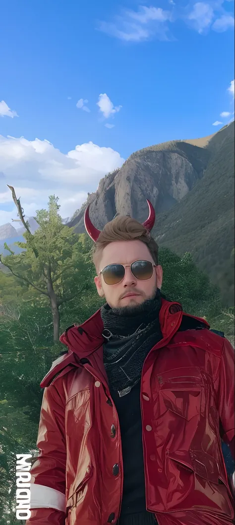 there is a man in a red jacket and sunglasses standing in front of a mountain, with horns, evil devious male, red horns, devil horns, real hellscape in background, horns and red eyes, devils horns, in a horned helmet, wearing red tainted glasses, demon mal...