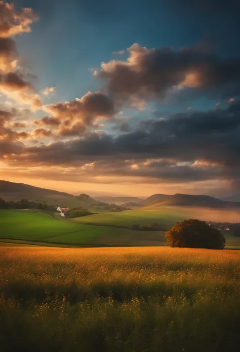 lindo casal orando, Field scenery with light in the sky, 8k, realista, extremely high-resolution,