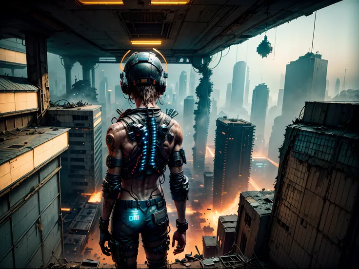 1guy,neon effect,panorama,close up view of a scavenger lost inside a derelict space station,from above,watching to the sky, cyberhelmet,CyberskullAI,armor,CR1.3,post-apocalyptic wasteland,color,landscape,