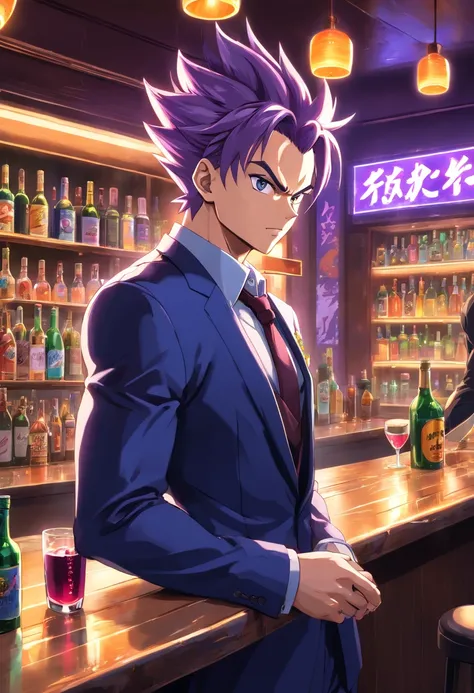 (best quality,realistic:1.37),medium:oil painting,vegeta in a black suit,vegeta standing in a bar,dragon ball style,men fashion,futuristic atmosphere,neon lights,cocktails,reflections on the wet floor,smoke in the air,energetic music,dark color palette,sha...